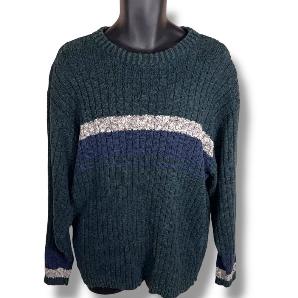 XL Vintage Country Seat Mens Sweater Green Long Sleeve Knit Academia Cotton